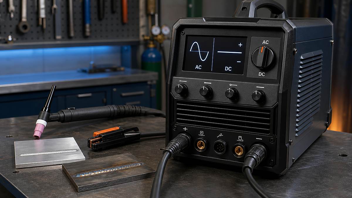 AC vs DC welding power source with alternating waveform, direct-current polarity, TIG torch, electrode holder, aluminum and steel coupons