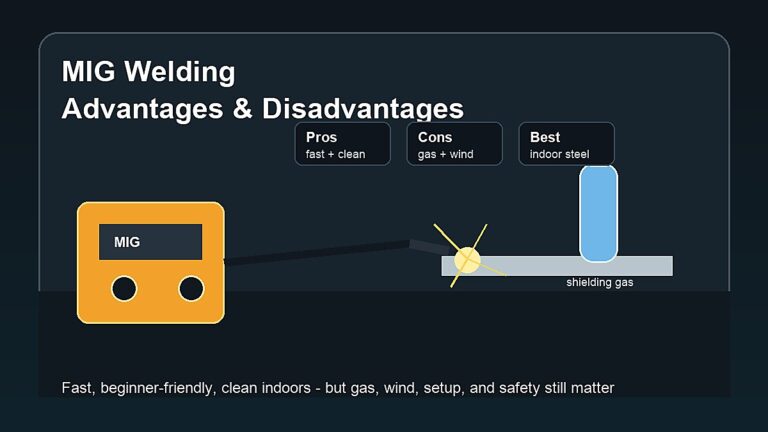 MIG welding advantages and disadvantages showing a MIG welder, shielding gas cylinder, arc, fast clean welding, wind and gas limitations