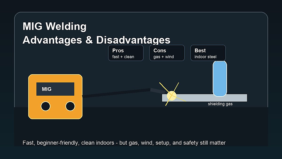MIG welding advantages and disadvantages showing a MIG welder, shielding gas cylinder, arc, fast clean welding, wind and gas limitations