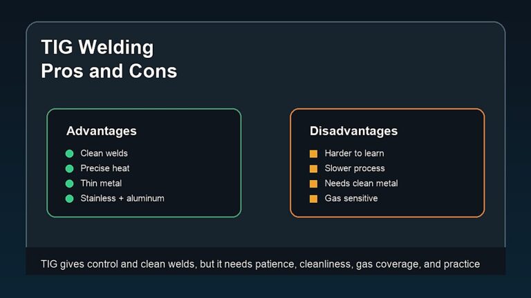 Advantages and disadvantages of TIG welding including clean welds heat control slower speed and learning curve