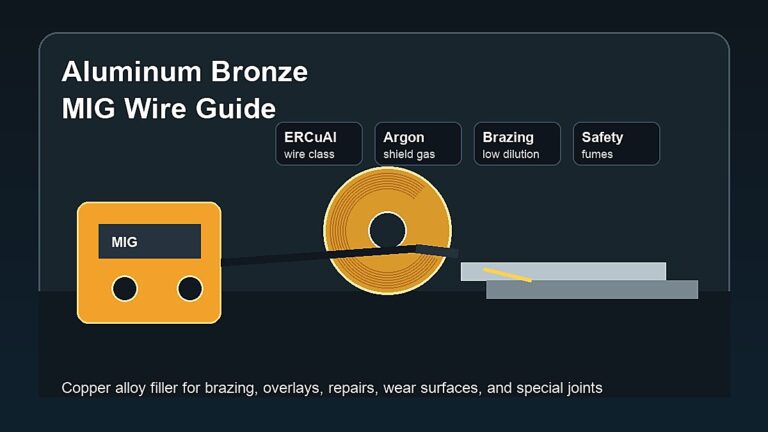 Aluminum bronze MIG wire spool with MIG gun, copper alloy filler, argon shielding gas, brazing use, and safety reminders