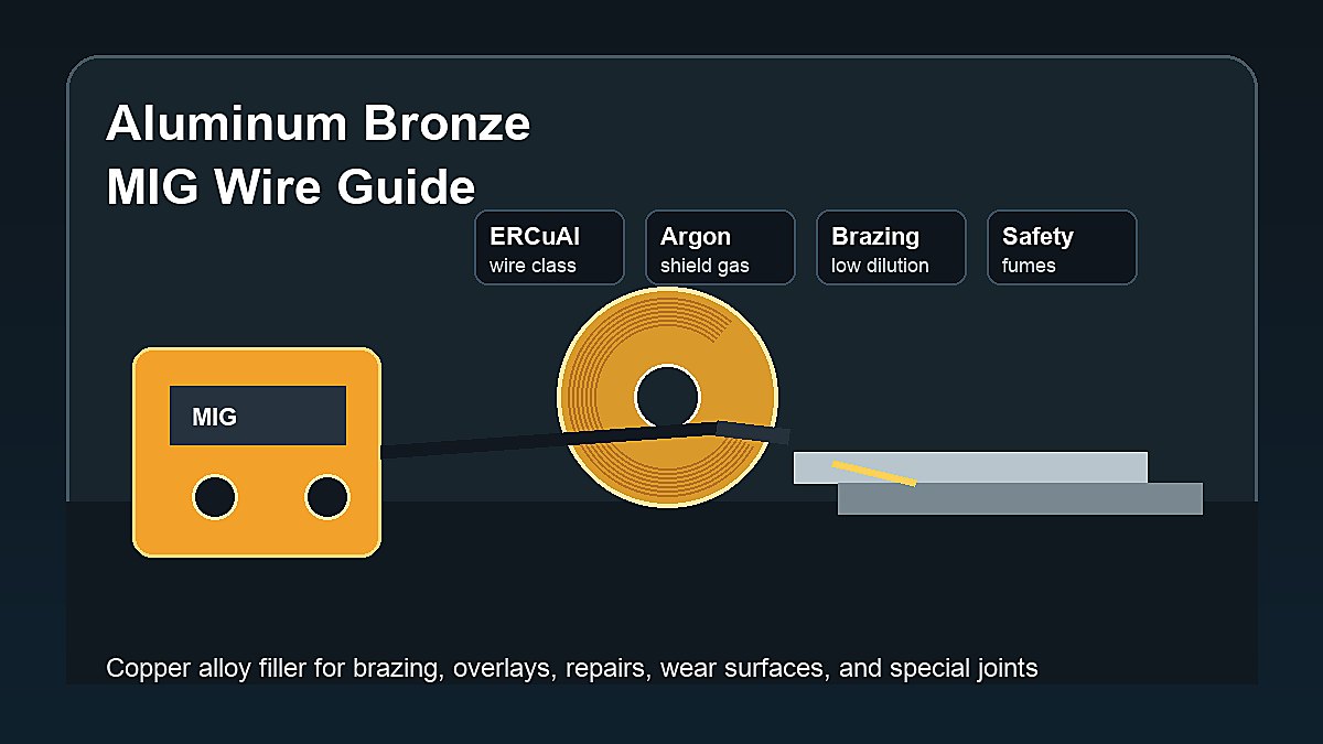 Aluminum bronze MIG wire spool with MIG gun, copper alloy filler, argon shielding gas, brazing use, and safety reminders