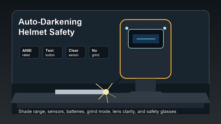 Auto-darkening welding helmet safety checks including shade range, sensors, batteries, grind mode, and safety glasses