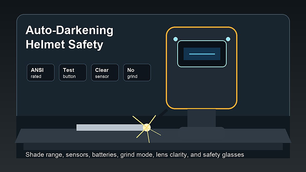 Auto-darkening welding helmet safety checks including shade range, sensors, batteries, grind mode, and safety glasses
