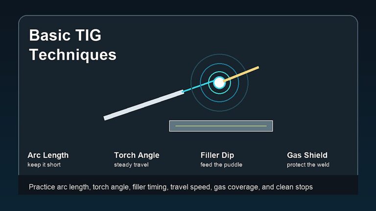 Basic TIG welding techniques for beginners including arc length torch angle filler timing travel speed and gas coverage