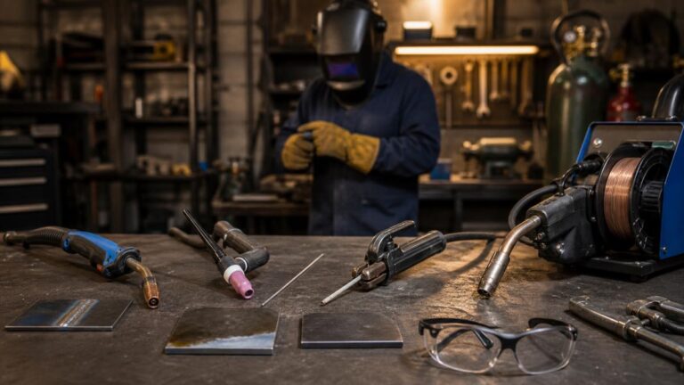 Beginner welding tools and steel practice pieces on a workshop bench