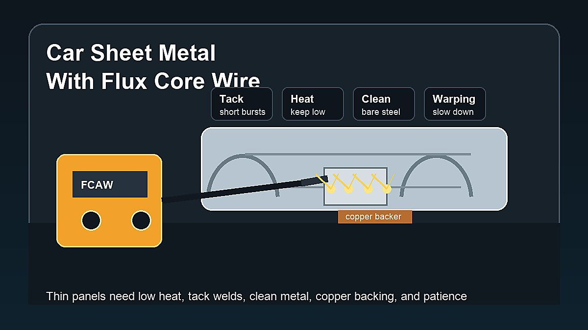 Car sheet metal panel being tack welded with flux core wire, showing thin-panel heat control and copper backing