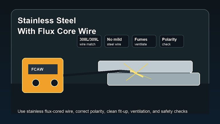 Stainless steel coupons welded with flux core wire showing stainless wire, polarity check, fumes, and safety