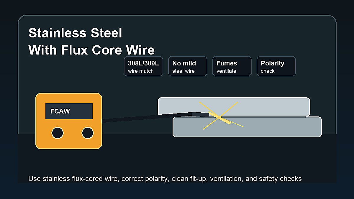 Stainless steel coupons welded with flux core wire showing stainless wire, polarity check, fumes, and safety