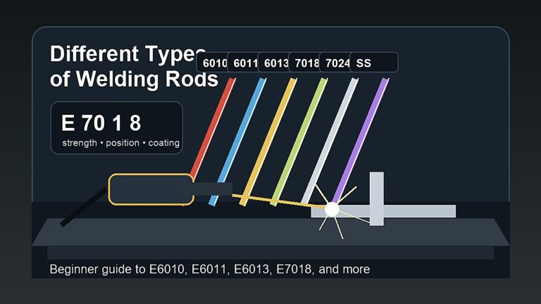 Different welding rods including 6010, 6011, 6013, 7018, 7024, and stainless electrodes for beginners