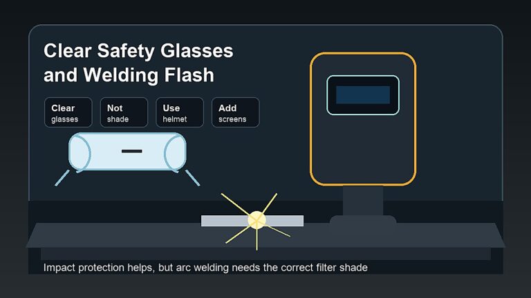 Clear safety glasses near a welding helmet showing that impact glasses do not replace proper welding flash protection