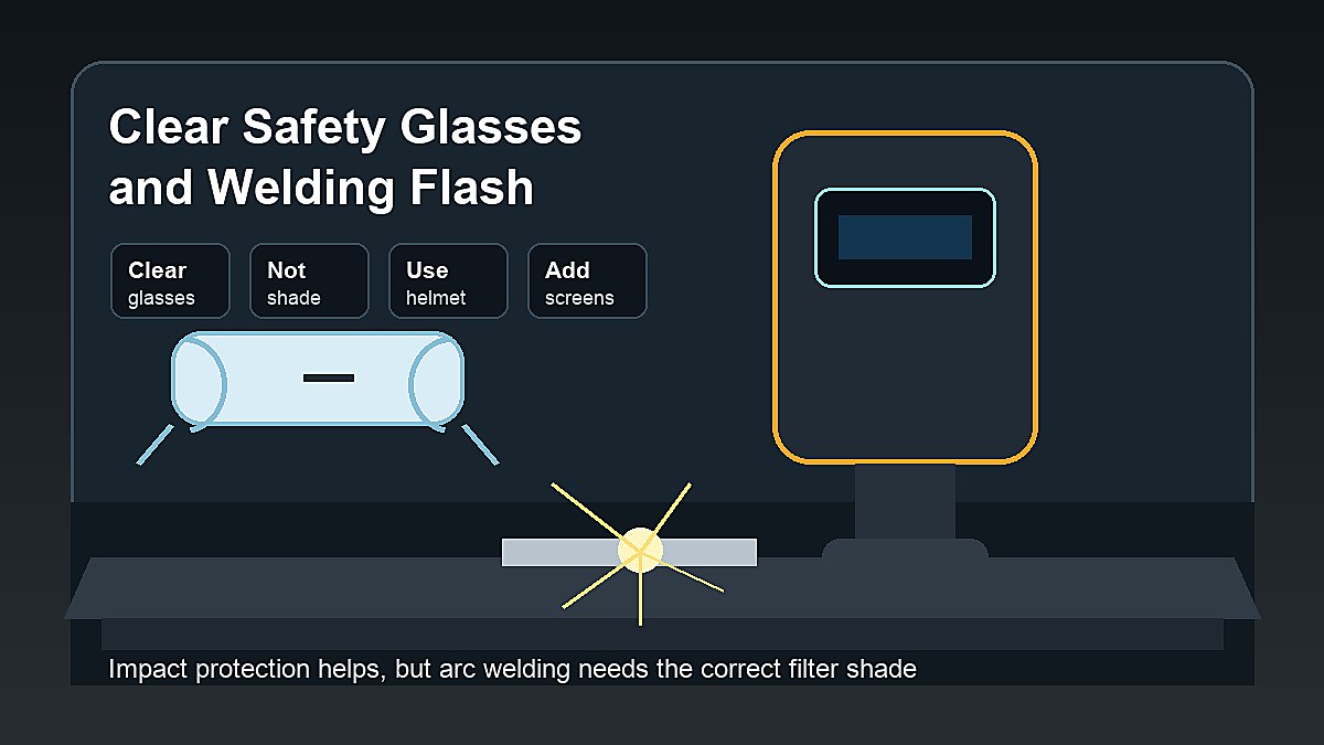 Clear safety glasses near a welding helmet showing that impact glasses do not replace proper welding flash protection