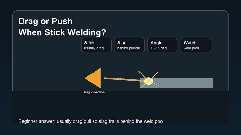 Stick welding electrode dragged with slag trailing behind the weld pool