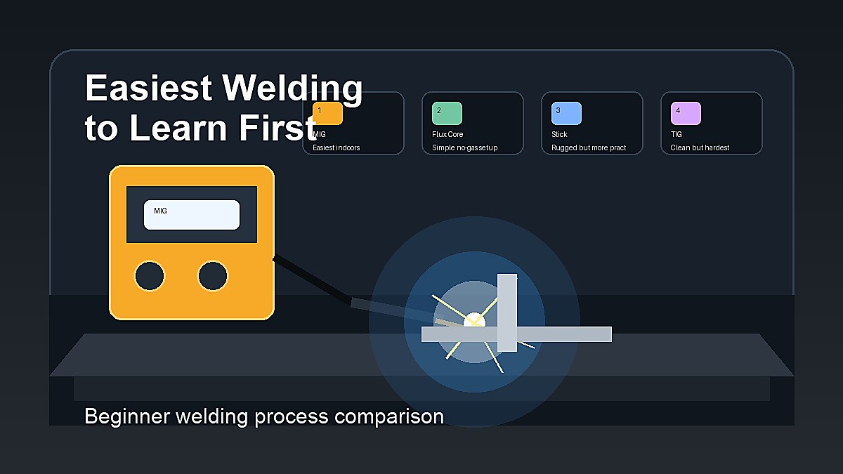 Beginner welding process comparison showing MIG, flux core, stick, and TIG as learning options