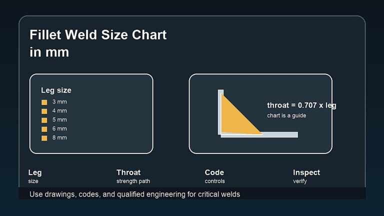 Fillet weld size chart in mm showing leg size throat thickness and weld inspection notes