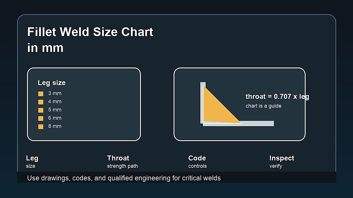Fillet weld size chart in mm showing leg size throat thickness and weld inspection notes
