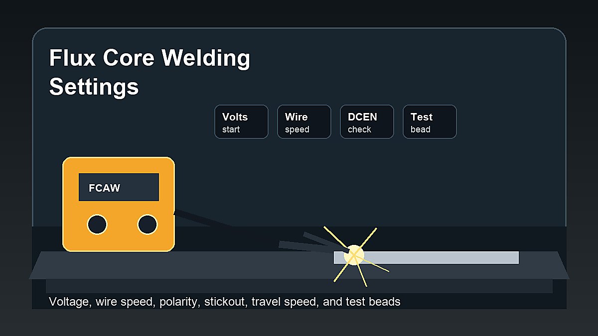 Flux core welding settings for beginners showing voltage, wire speed, polarity, stickout, test bead, and safety checks