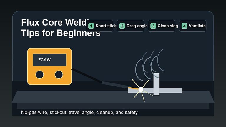 Flux core welding tips for beginners showing no-gas welder, torch angle, stickout, slag cleanup, and ventilation checklist