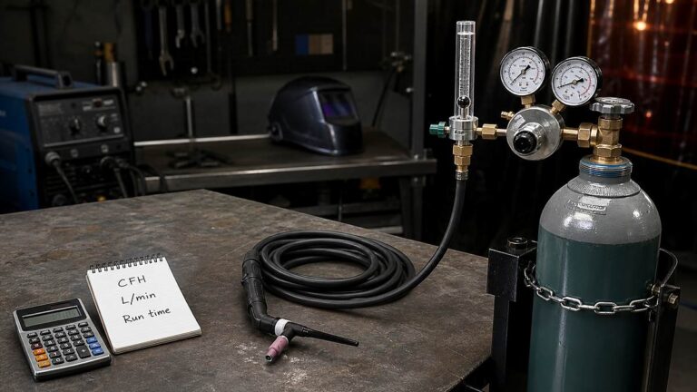 Welding gas flow rate calculator with argon cylinder, regulator, flowmeter, CFH and L/min notes