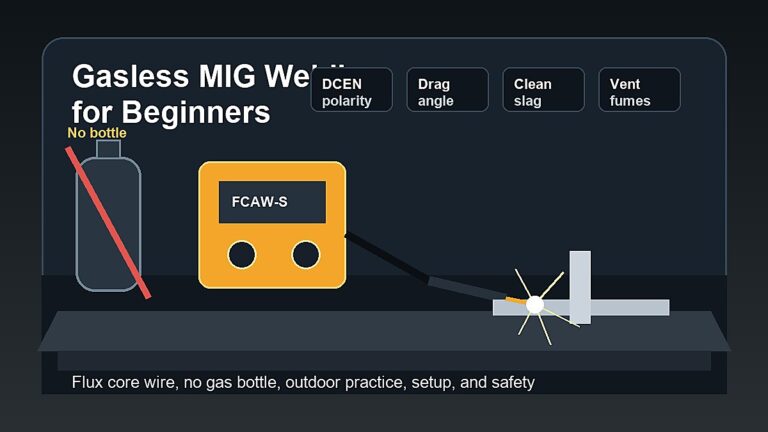 Gasless MIG welding for beginners showing no gas bottle, flux core welder, torch, polarity, drag angle, slag cleanup, and ventilation