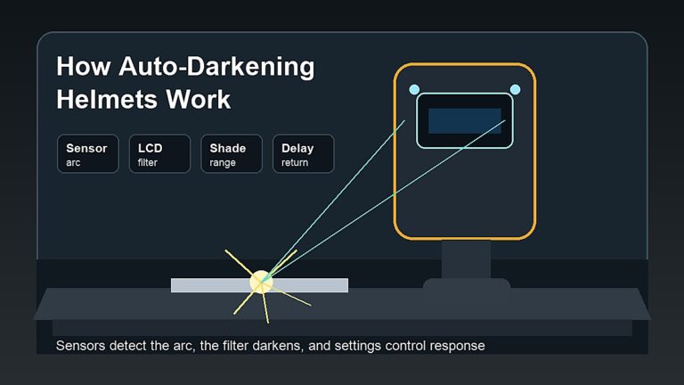How auto-darkening welding helmets work with arc sensors, electronic filter, shade range, delay, and safety checks