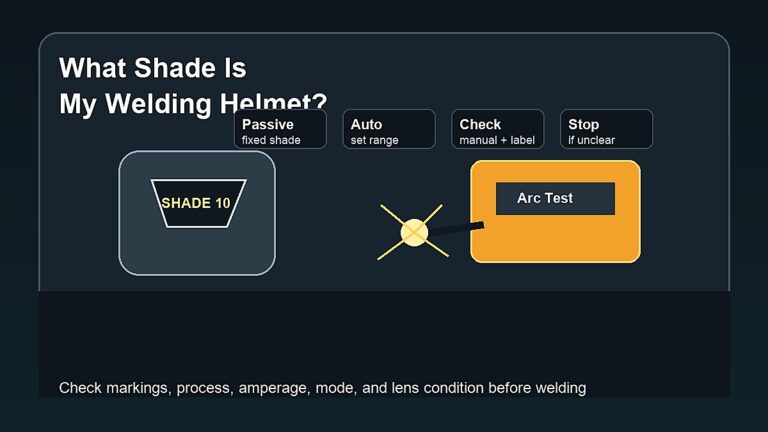 Welding helmet shade check with passive lens marking auto darkening control and arc safety reminder