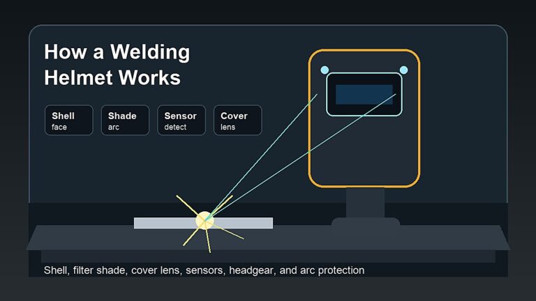 How a welding helmet works with shell, filter shade, cover lens, sensors, and arc protection