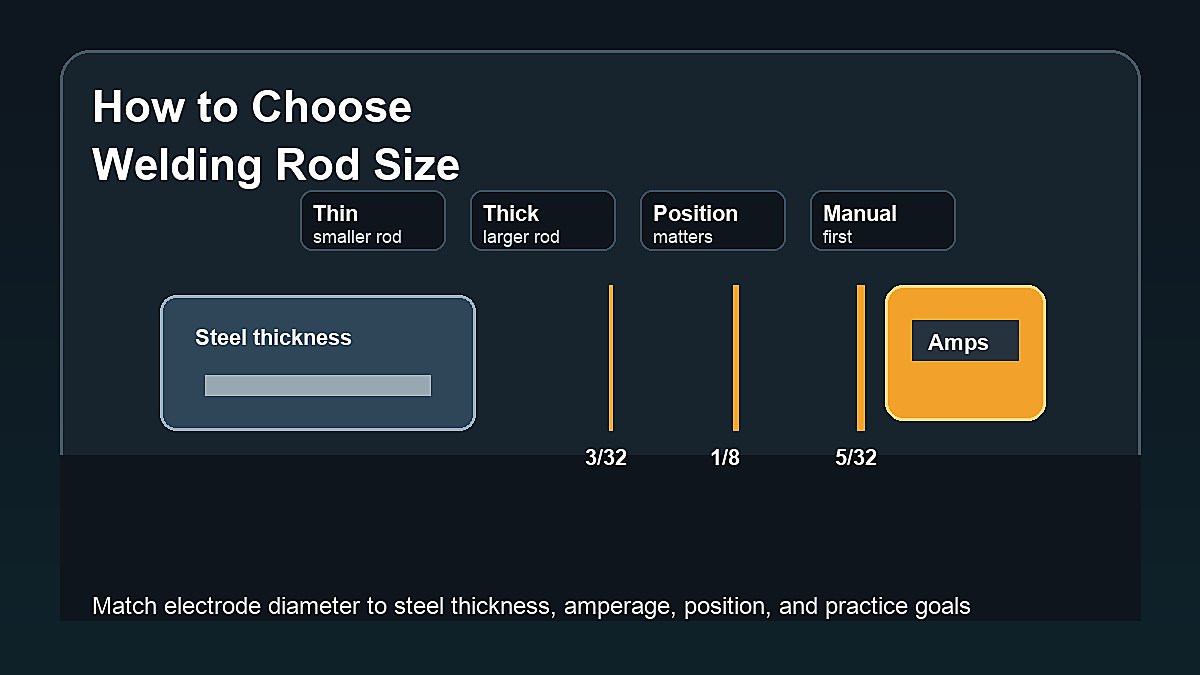 Welding rod size selection with electrode diameters steel thickness amperage and stick welding setup