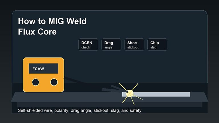 How to MIG weld flux core for beginners with self-shielded wire, polarity check, drag angle, stickout, slag cleanup, and safety