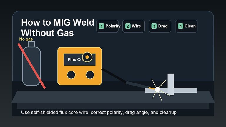 Beginner setup for MIG welding without gas using self-shielded flux core wire, correct polarity, drag angle, and slag cleanup