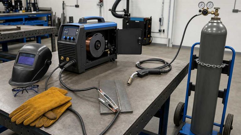Safe beginner welding machine setup with inverter welder, connected work clamp, MIG gun, wire spool, secured gas cylinder, regulator, helmet, gloves, and safety glasses