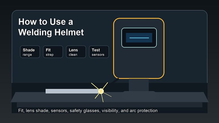 How to use a welding helmet safely with lens shade, helmet fit, sensor check, safety glasses, and clean cover lens