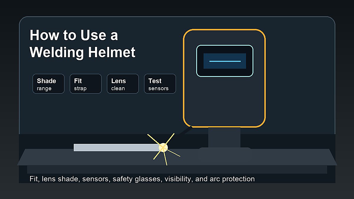 How to use a welding helmet safely with lens shade, helmet fit, sensor check, safety glasses, and clean cover lens