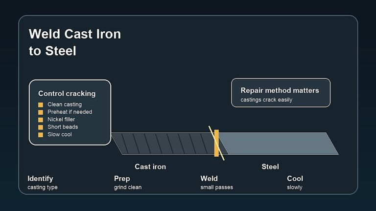 How to weld cast iron to steel showing clean prep nickel filler short beads preheat and slow cooling