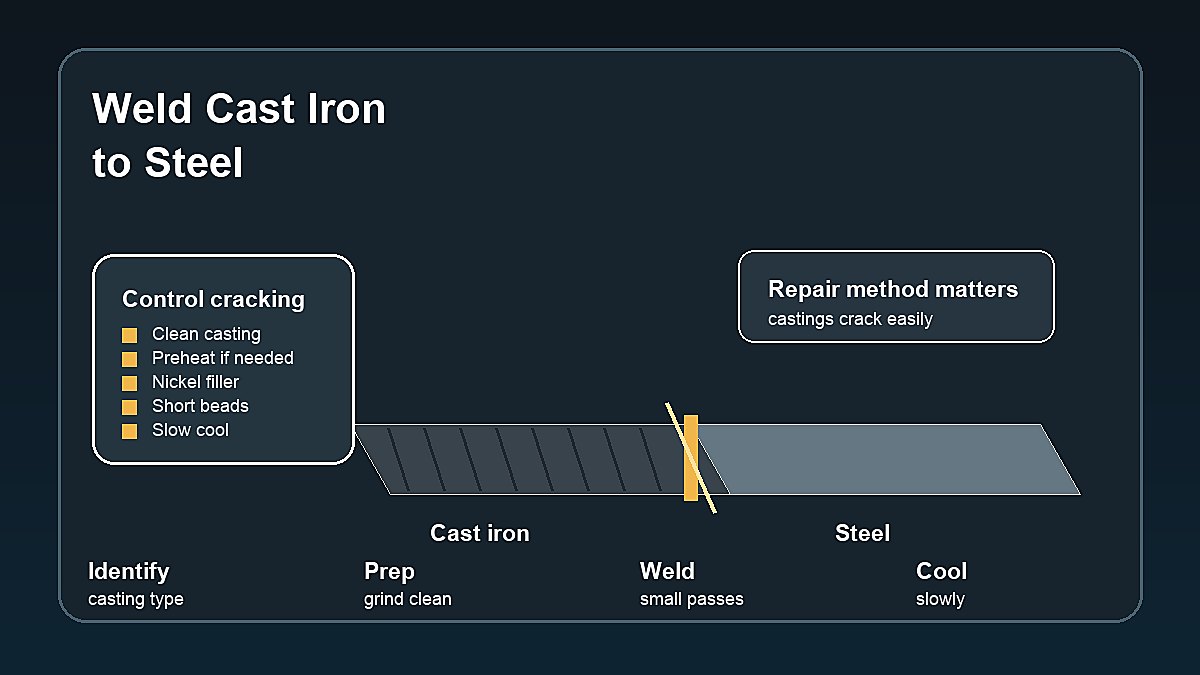 How to weld cast iron to steel showing clean prep nickel filler short beads preheat and slow cooling