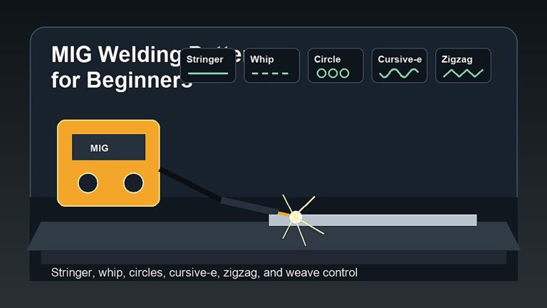 MIG welding patterns for beginners showing stringer, whip, circles, cursive-e, zigzag, and weave bead patterns