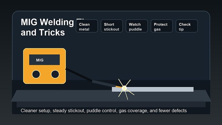 MIG welding tips and tricks for beginners showing clean metal, stickout, puddle control, gas coverage, and contact tip care
