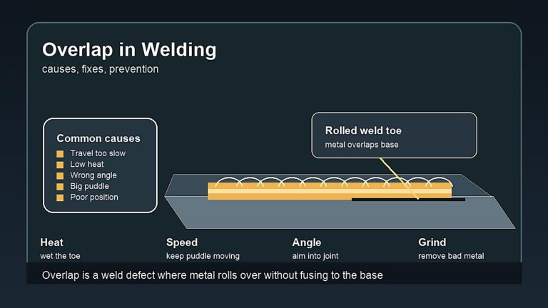 Overlap in welding defect showing rolled weld metal without fusion and beginner troubleshooting cues