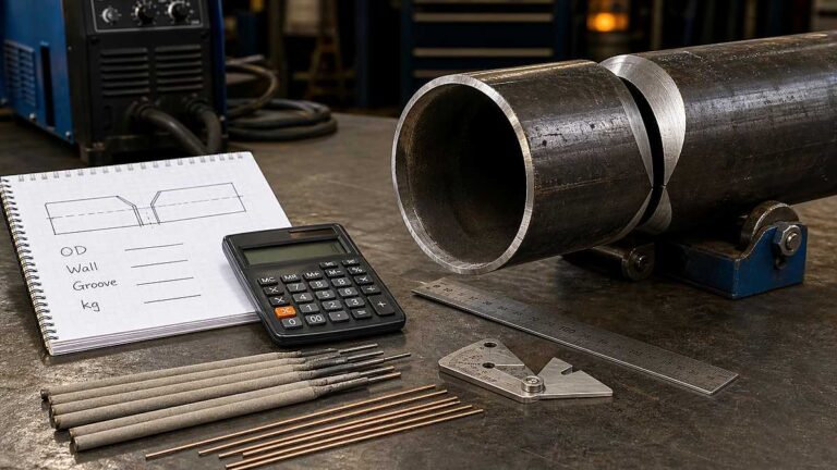 Pipe welding consumable calculator with beveled pipe joint, electrodes, filler rods, gauge, and worksheet
