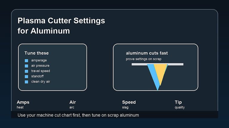 Plasma cutter settings for aluminum guide showing amperage air pressure travel speed and standoff checks