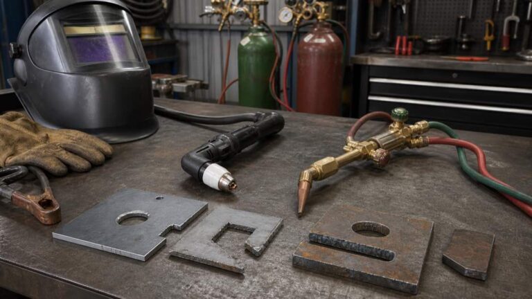 Plasma cutter and oxy-acetylene torch on a metal workshop bench
