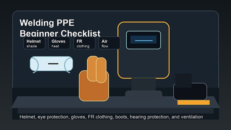 Protective equipment essentials for beginner welders including helmet, gloves, safety glasses, flame-resistant clothing, boots, and ventilation