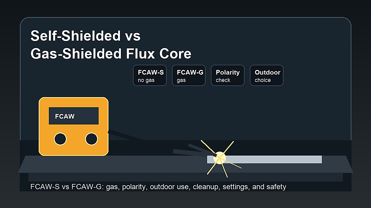 Self-shielded vs gas-shielded flux core wire comparison showing FCAW-S, FCAW-G, gas bottle, polarity, outdoor use, and safety