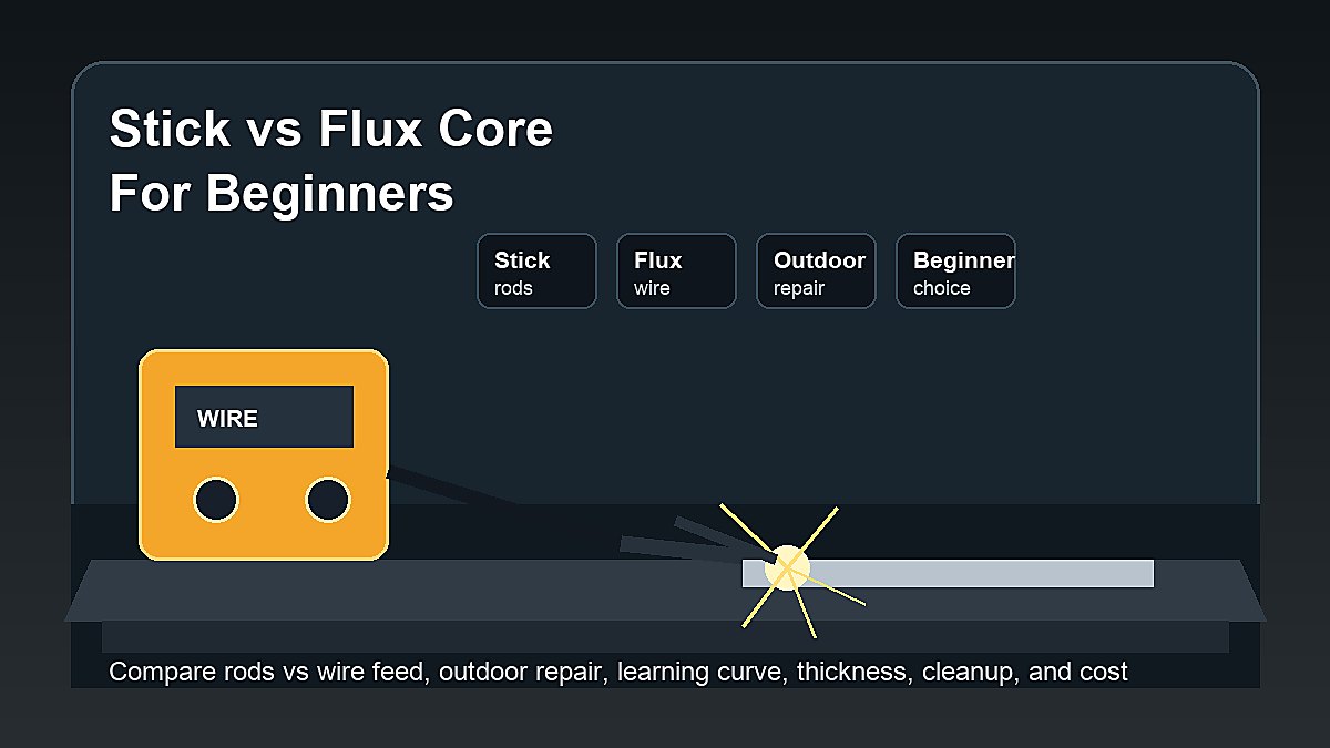 Stick vs flux core welding for beginners comparing electrode rods, wire feed, outdoor repair, learning curve, slag, and safety