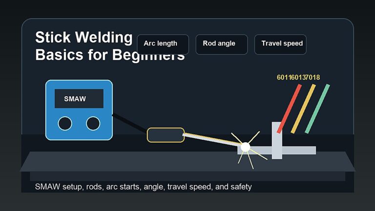 Stick welding basics for beginners showing SMAW welder, electrode holder, rods, arc length, rod angle, and practice weld