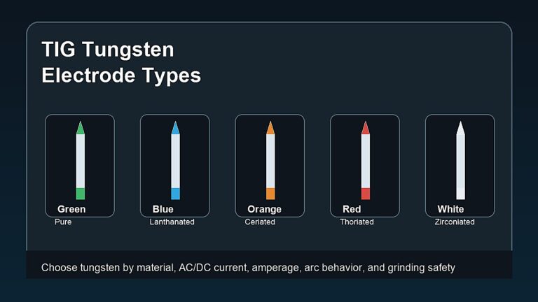 Different types of tungsten for TIG welding with color codes for pure lanthanated ceriated thoriated and zirconiated electrodes