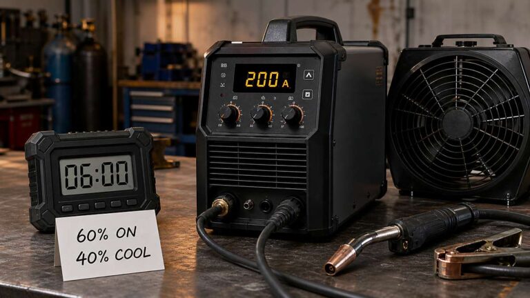 Welding duty cycle calculator with 200 amp welder, six-minute timer, cooling fan, and 60 percent duty cycle note