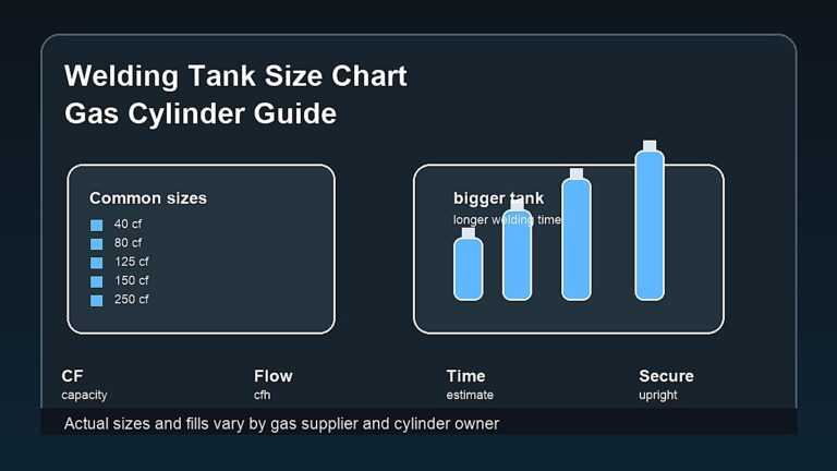 Welding tank size chart showing shielding gas cylinder sizes cubic feet run time and safety notes