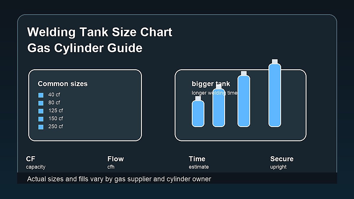 Welding tank size chart showing shielding gas cylinder sizes cubic feet run time and safety notes