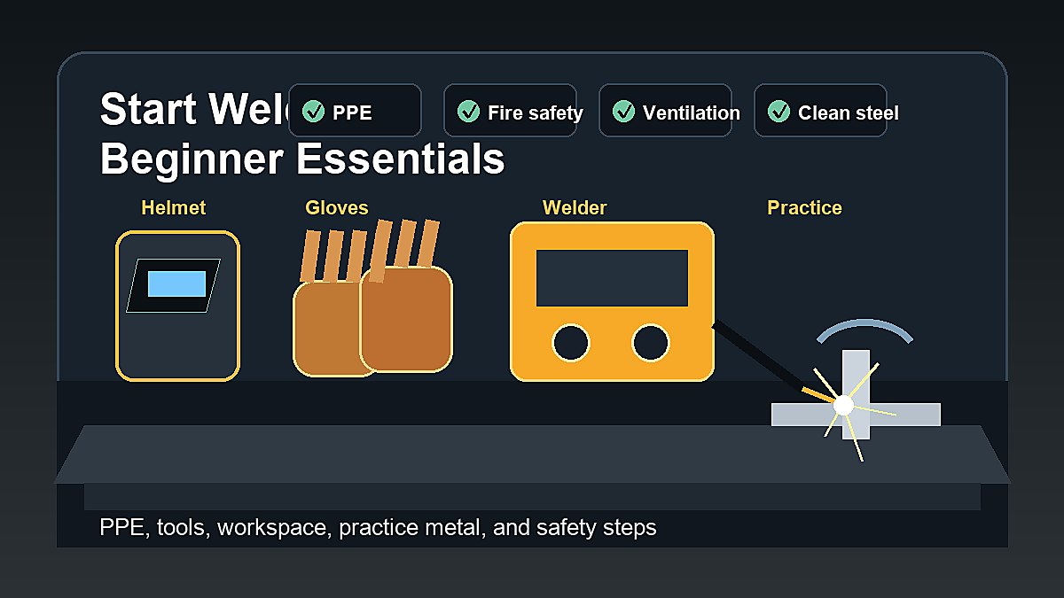 Beginner welding essentials including helmet, gloves, welder, practice metal, ventilation, and fire safety checklist